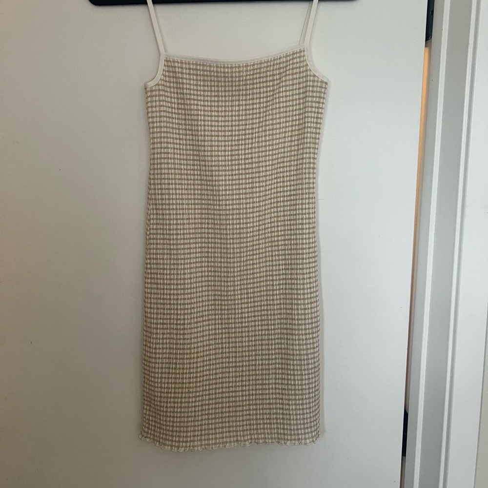 Wilfred Cream and Tan Checkered Mini Dress